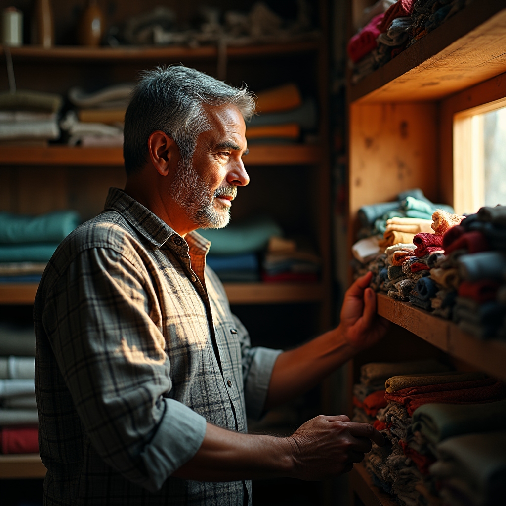 Dueño de un pequeño negocio textil observando su stock de materiales